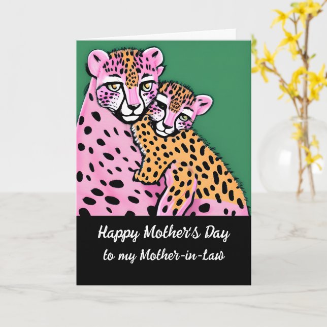 Pink Cheetah Mum + Cub Mothers Day Mother-in-Law Card (Yellow Flower)