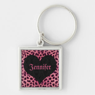 Pink Cheetah Print Black Heart - Custom Name Key Ring