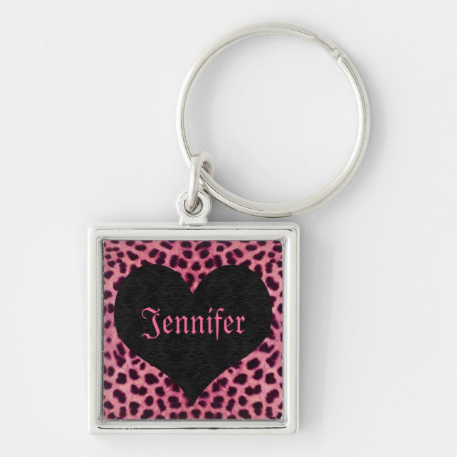 Pink Cheetah Print Black Heart - Custom Name Key Ring (Front)