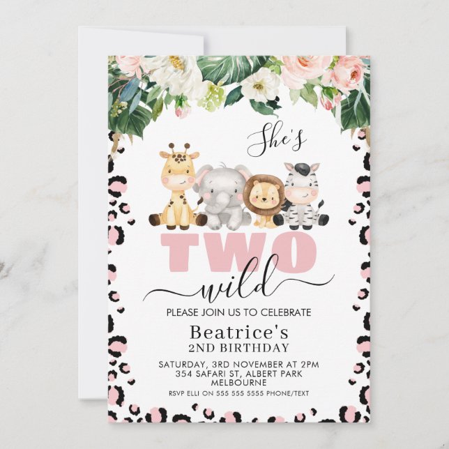 Pink Cheetah Print Cute Two Wild 2nd Birthday Invitation (Front)