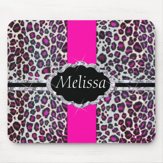 Pink Cheetah Print Diamond Monogram Mouse Mat (Front)