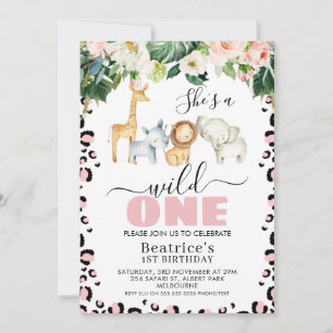 Pink Cheetah Print Girls Wild One 1st Birthday Invitation