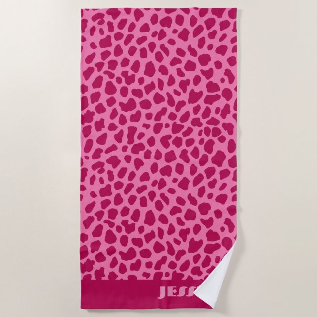 Pink Cheetah Print Retro Chic y2k Aesthetic Name Beach Towel (Front)