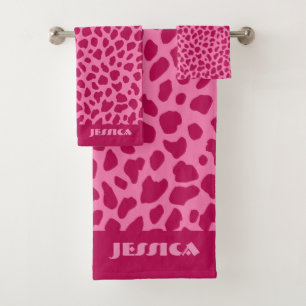 Pink Cheetah Print Trendy y2k Retro Aesthetic Name Bath Towel Set