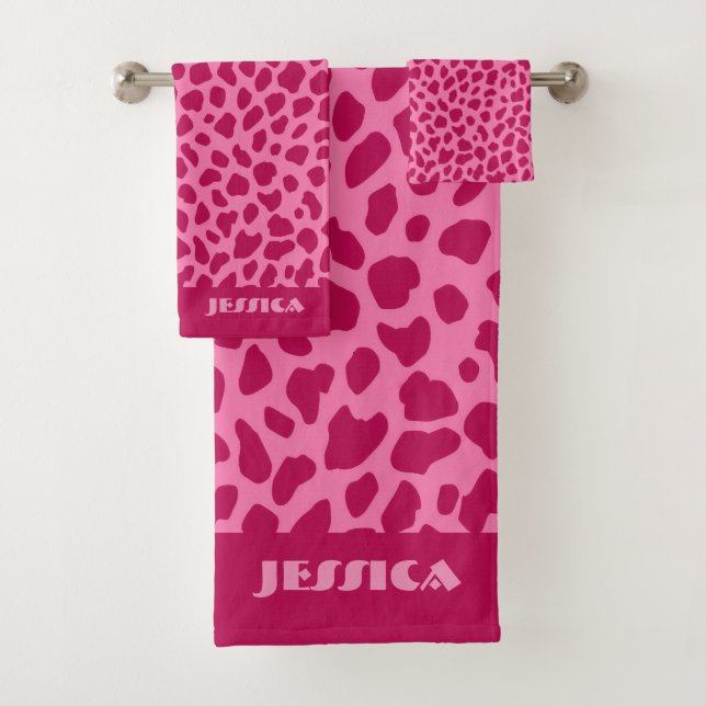 Pink Cheetah Print Trendy y2k Retro Aesthetic Name Bath Towel Set (Insitu)