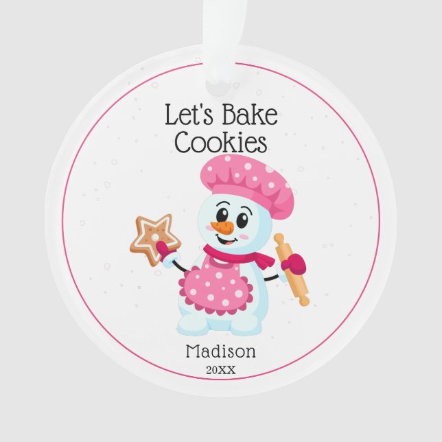   Pink Chef Snowman Cookie Baker Name Christmas  Ornament (Front)
