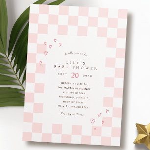 Pink Chequerboard   Cute Hearts Girl Baby Shower Invitation
