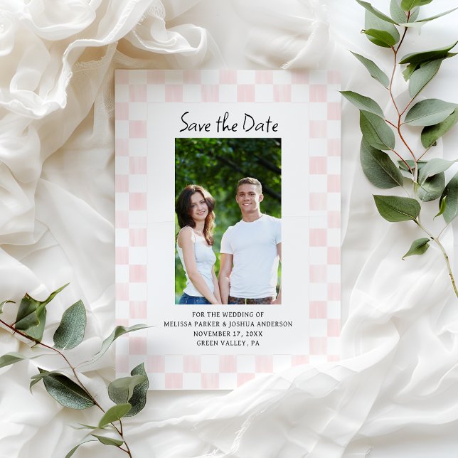 Pink Chequerboard Photo Save the Date Invitation (Creator Uploaded)