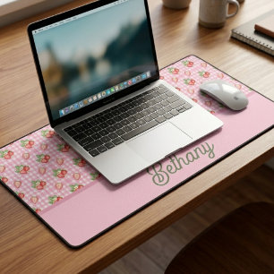 Pink Chequerboard Plaid Strawberry Gingham Pattern Desk Mat
