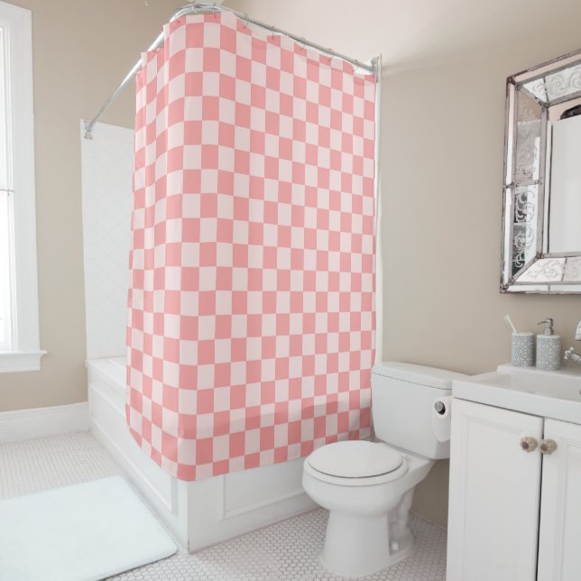 Pink Chequerboard Shower Curtain (In Situ)