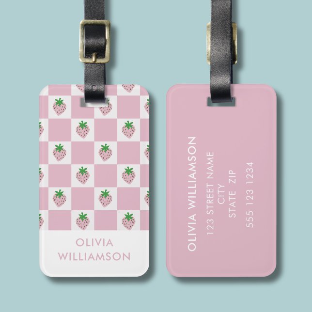 Pink Chequerboard Summer Strawberry Luggage Tag (Pink checkerboard summer strawberry personalised luggage tag)