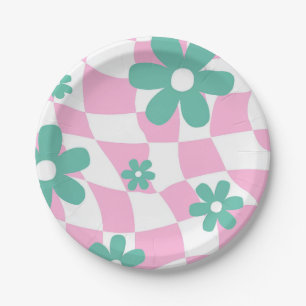 Pink Chequerboard & Teal Daisy Baby Shower Paper Plate