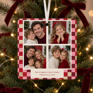 Pink Chequered 4 Photo Family Christmas Metal Tree Decoration