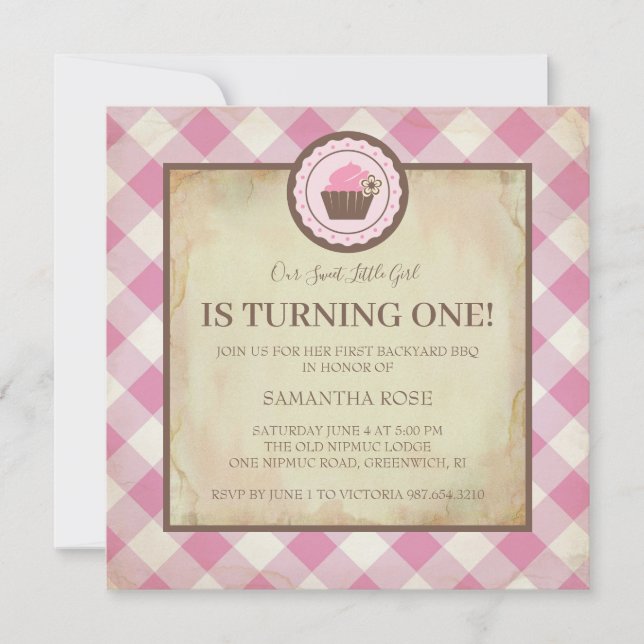 Pink Chequered and Cupcake Birthday BBQ Invitation (Front)