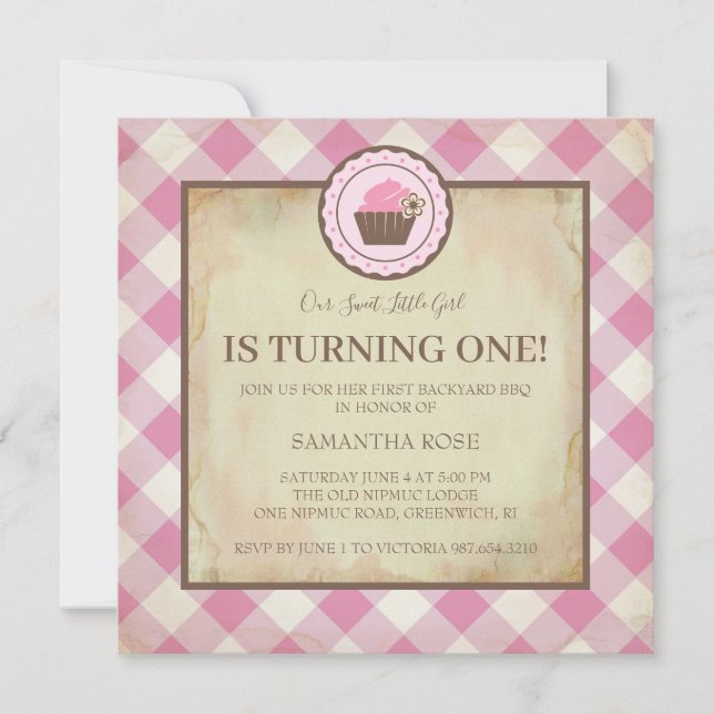 Pink Chequered and Cupcake Birthday BBQ Invitation (Front)