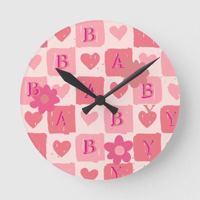 Pink chequered Baby Wall Clock (Front)