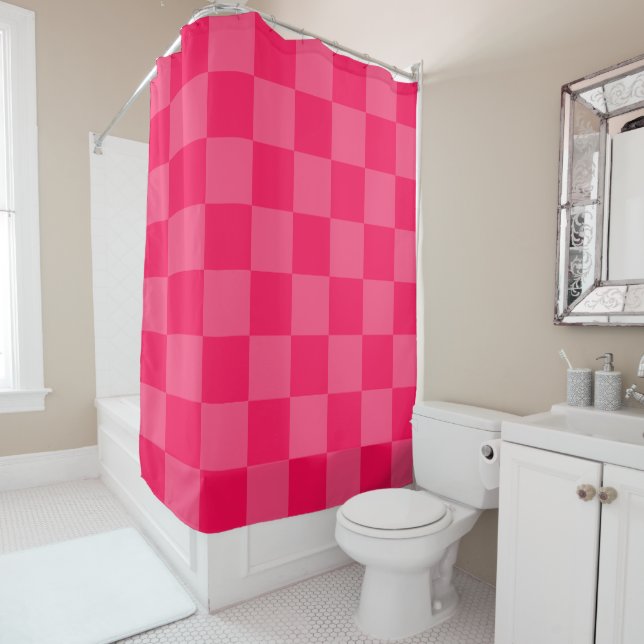 Pink chequered background shower curtain (In Situ)