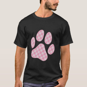 Pink Chequered Cat Dog Paw Print Chequerboard T-Shirt