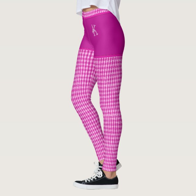 Pink Chequered Fabric Print Monogram Personalised Leggings (Left)