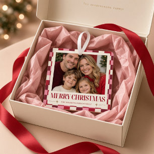 Pink Chequered Family Photo Christmas Metal Tree Decoration