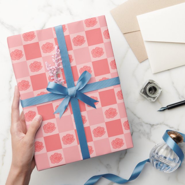 Pink Chequered Floral Wrapping Paper (Gifting)