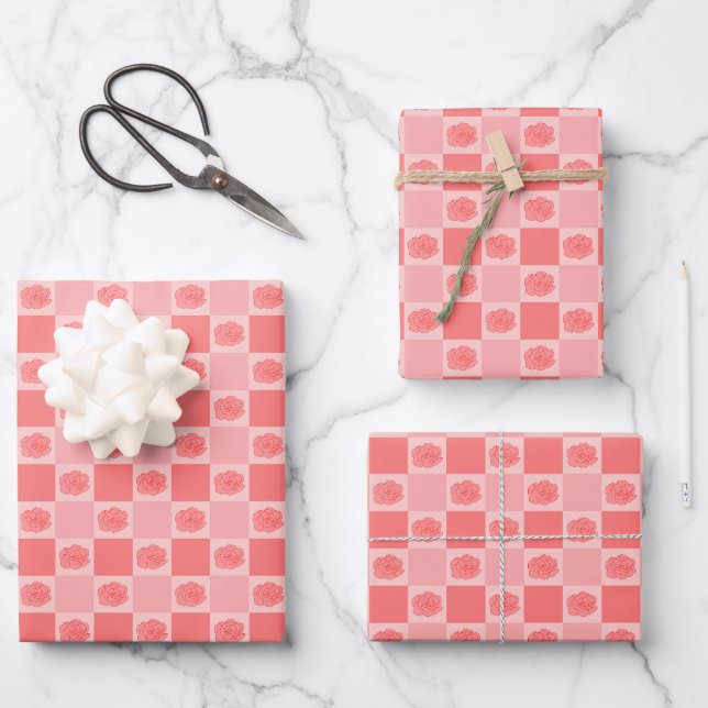 Pink Chequered Floral Wrapping Paper Sheet (Front)