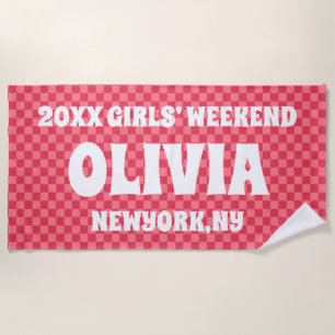 Pink Chequered Girls Weekend Personalised Name  Beach Towel