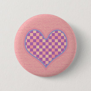 pink chequered heart 6 cm round badge