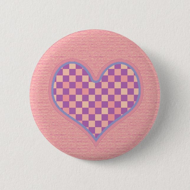 pink chequered heart 6 cm round badge (Front)