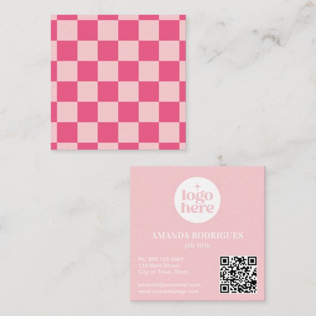 Pink Chequered Logo QR Code Square Business Card (Front/Back)