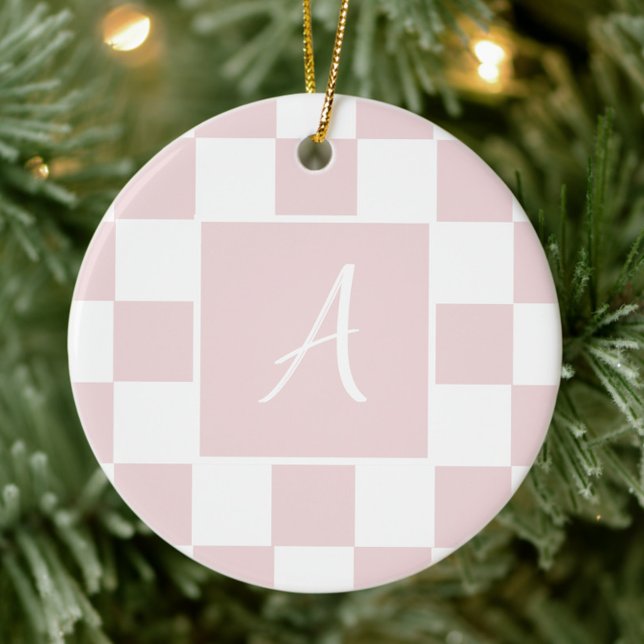 Pink Chequered Monogrammed Initial Ceramic Tree Decoration (Pink and white checkerboard monogram initial christmas ornament, gift for daughter, gift for friend)