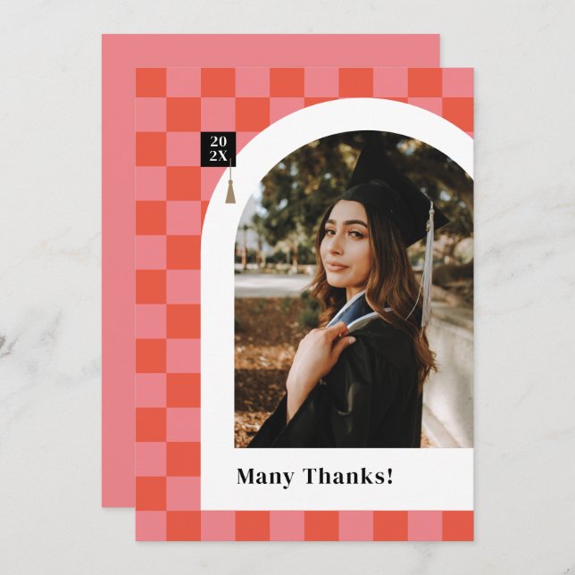 Pink Chequered Photo Graduation Thank You Card (Front/Back)