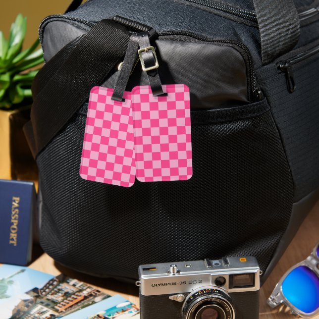 Pink Chequered Print Luggage Tag (Front & Back)