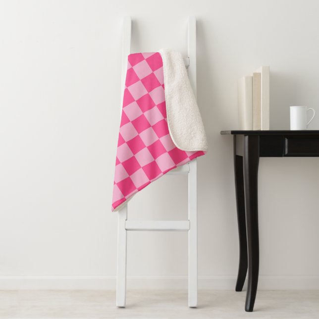 Pink Chequered Print Sherpa Blanket (In Situ)