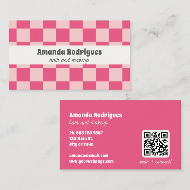 Pink Chequered QR Code Hair Makeup Business Card  (Front/Back)