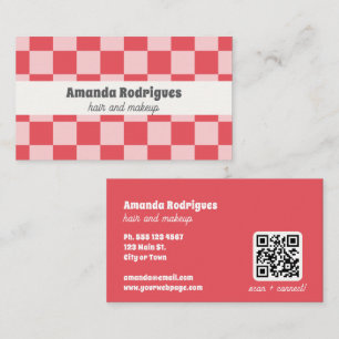 Pink Chequered QR Code Hairstylist Business Card