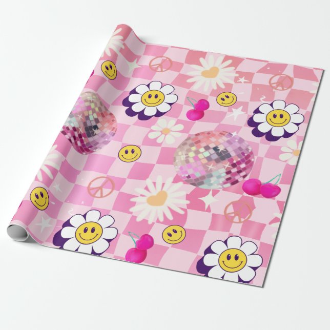 pink chequered Retro Groovy  Wrapping Paper (Unrolled)