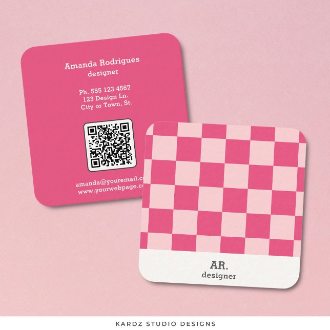 Pink Chequered Square Designer Business Card  (Front and back of card shown in 2.5 x 2.5 inch. with round corners. Choose corner style.)