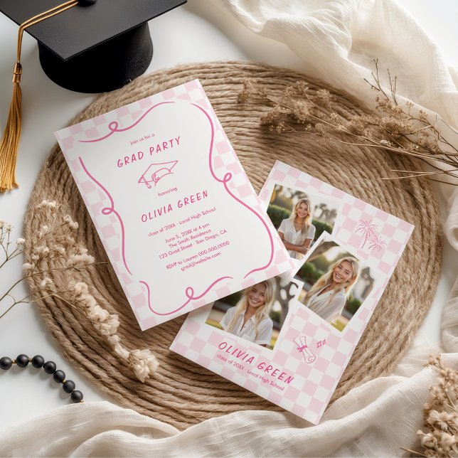 Pink Chequered Squiggle Frame Graduation Invitation (Creator Uploaded)