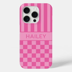 Pink Chequered Striped Personalised iPhone 15 Pro Case