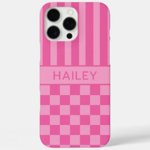 Pink Chequered Striped Personalised iPhone 16 Pro Max Case