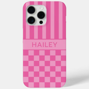 Pink Chequered Striped Personalised iPhone 15 Pro Max Case