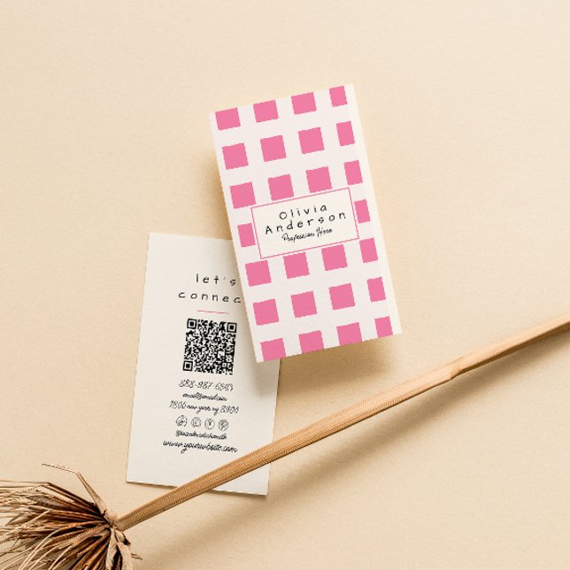 Pink Chequered Trendy Boho Funky Girly QR Code Business Card (Creator Uploaded)