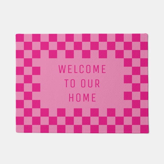 Pink Chequered Welcome Doormat (Front)