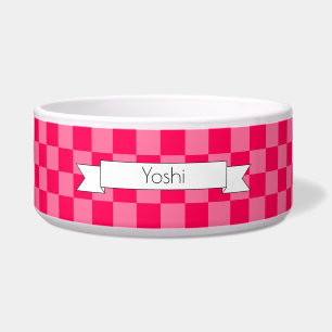 Pink chequered with name - Ceramic Pet Bowl - HAMb