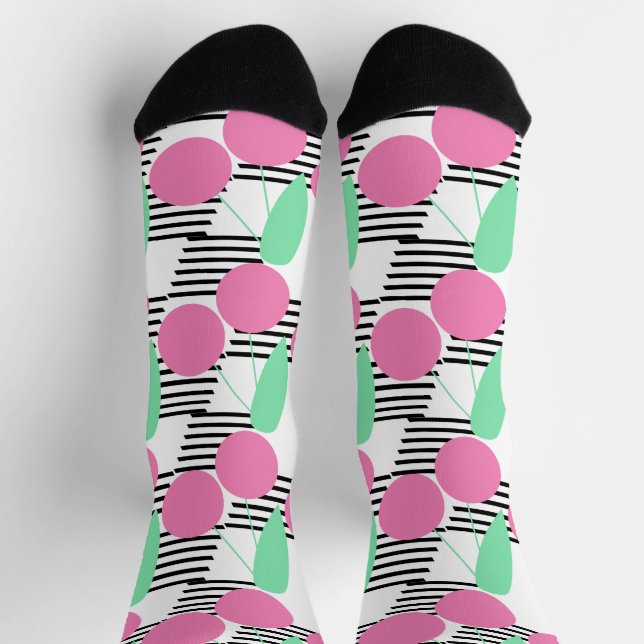 Pink Cherries Striped Black Pink Socks (Top)