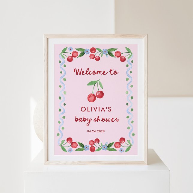 Pink Cherries Whimsical Retro Baby Shower Welcome Poster (Creator Uploaded)