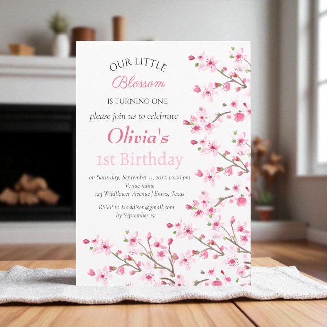 Pink Cherry Blossom 1st First Birthday Floral  Invitation (Creator Uploaded)