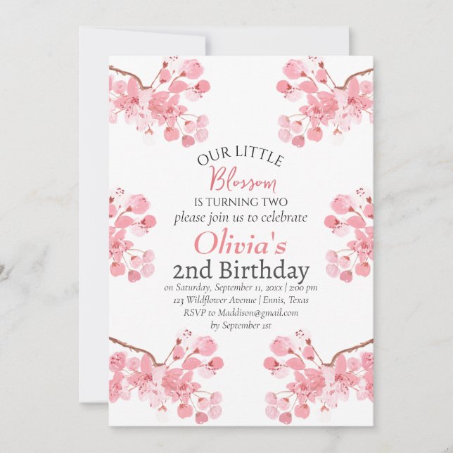 Pink Cherry Blossom 2nd Second Birthday Floral  Invitation (Front)