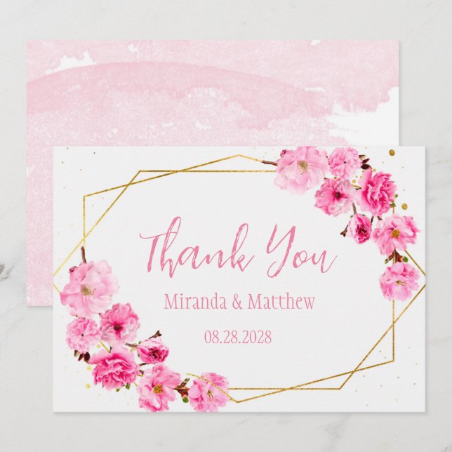 Pink Cherry Blossom and Geometric Thank You Cards (Front/Back)